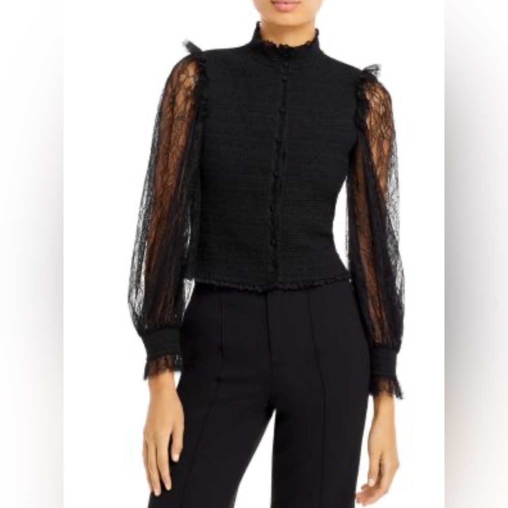 Alice + Olivia Aviva Black Lace Sleeve Blouse